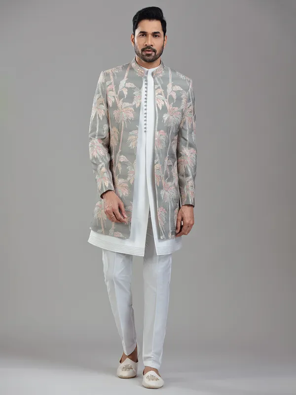Elegant grey silk jacket style indowestern with stunning sequins