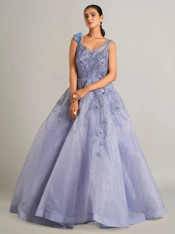 Elegant lavender designer net gown