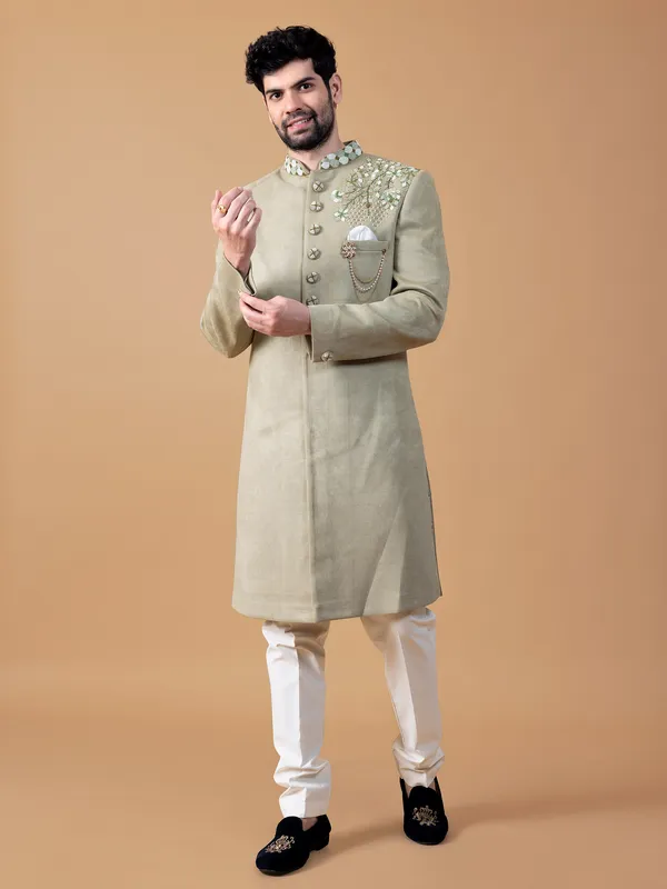 Elegant light green suede indowestern