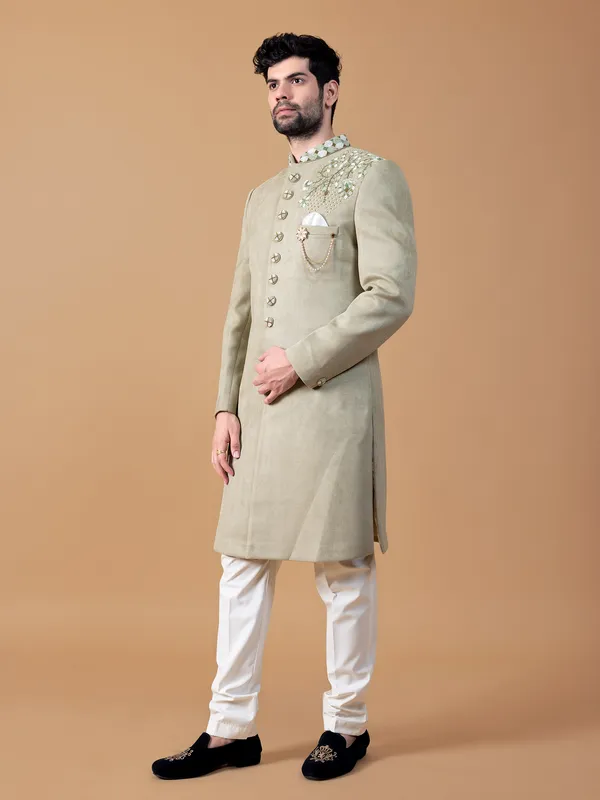 Elegant light green suede indowestern