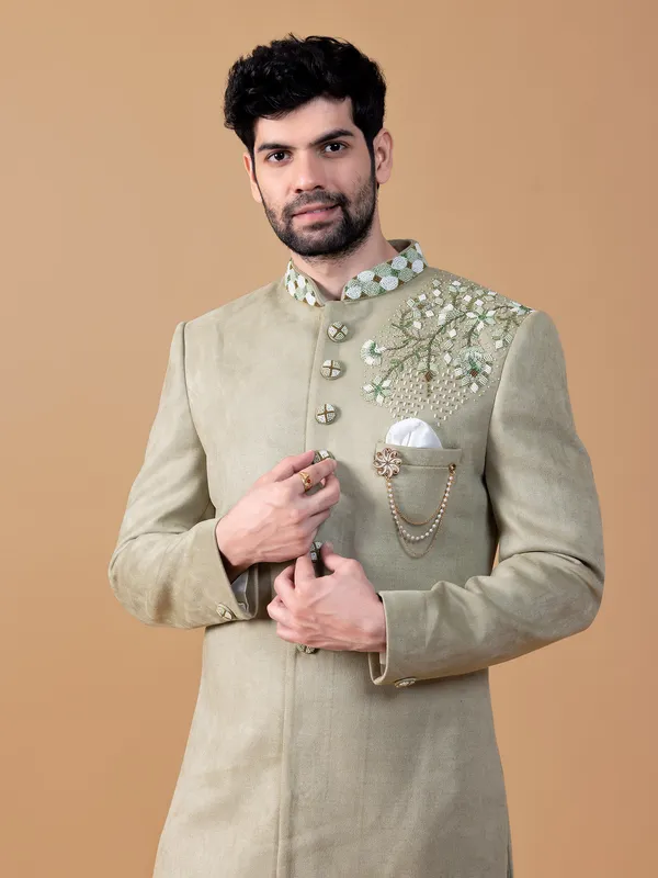 Elegant light green suede indowestern