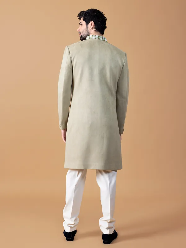 Elegant light green suede indowestern