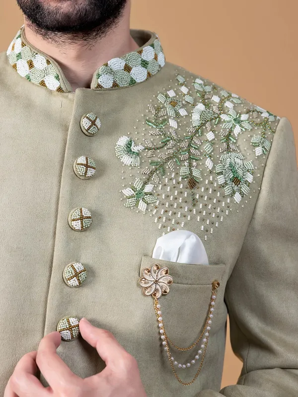 Elegant light green suede indowestern
