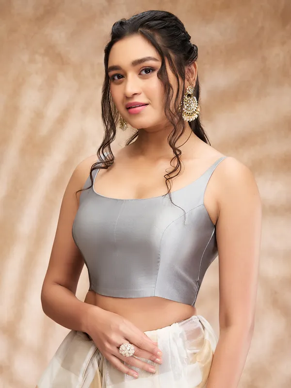 Elegant light grey silk plain blouse