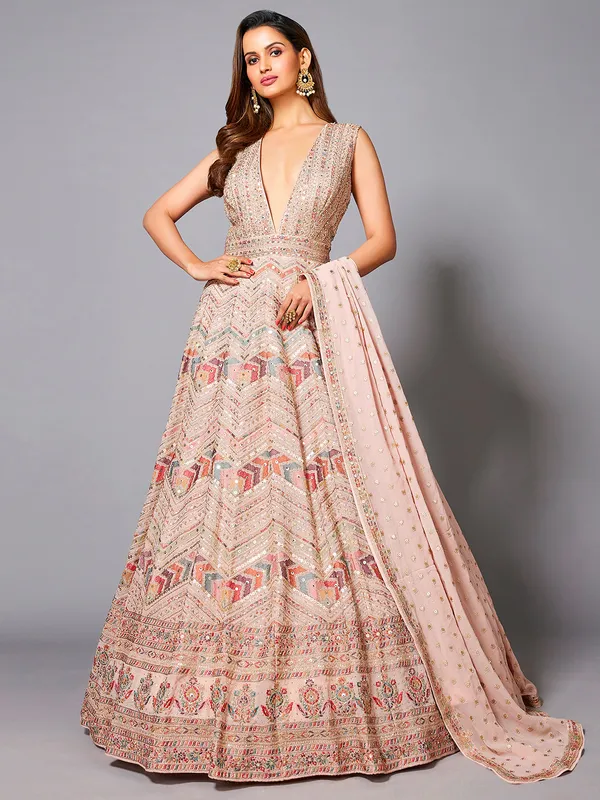 Elegant light pink georgette floor length suit