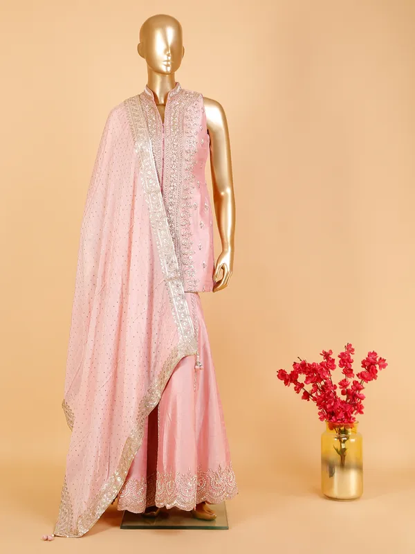 Elegant light pink raw silk sharara suit