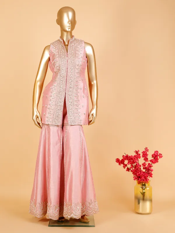 Elegant light pink raw silk sharara suit