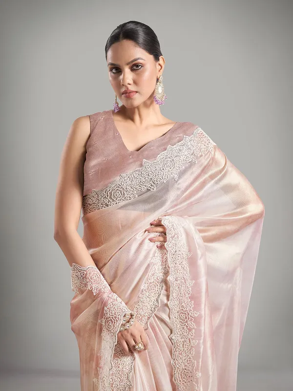 Elegant light pink tissue silk saree
