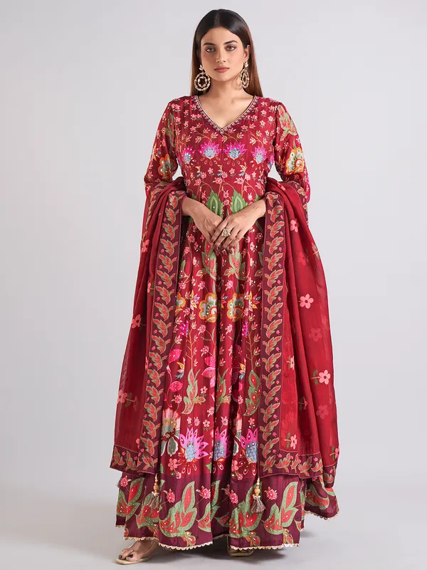 Elegant maroon cotton silk anarkali salwar suit