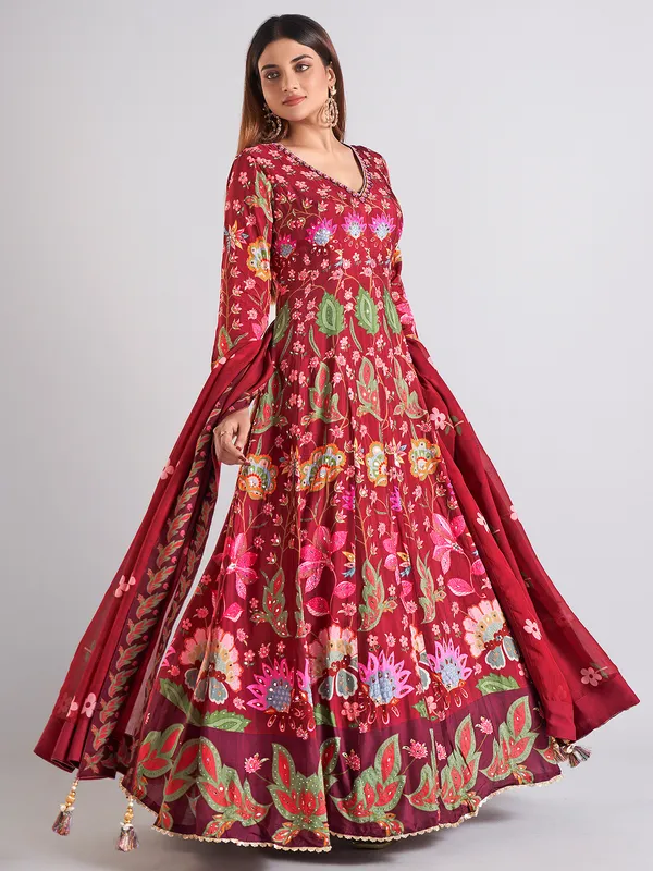 Elegant maroon cotton silk anarkali salwar suit