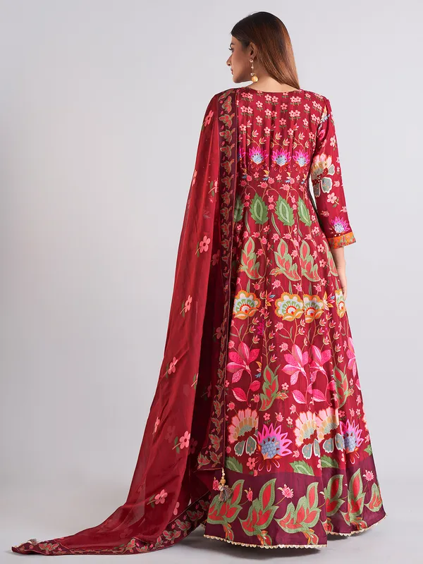 Elegant maroon cotton silk anarkali salwar suit