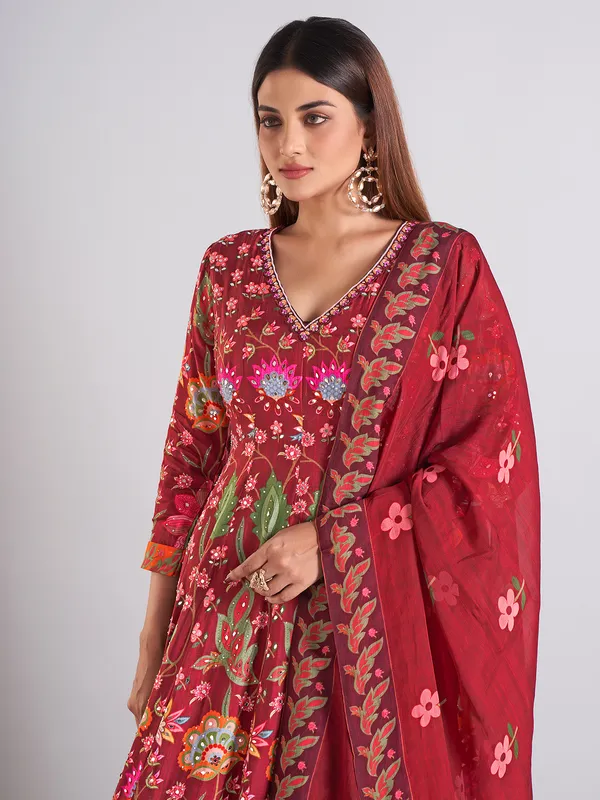 Elegant maroon cotton silk anarkali salwar suit