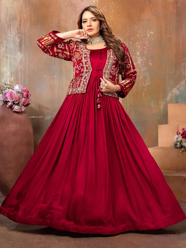 Elegant maroon satin anarkali suit