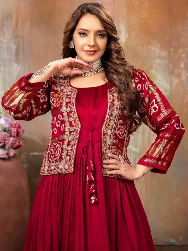 Elegant maroon satin anarkali suit