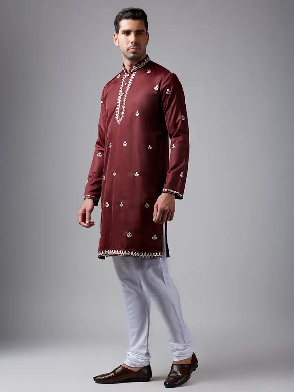 Elegant maroon silk  Men Kurta pajama for festive