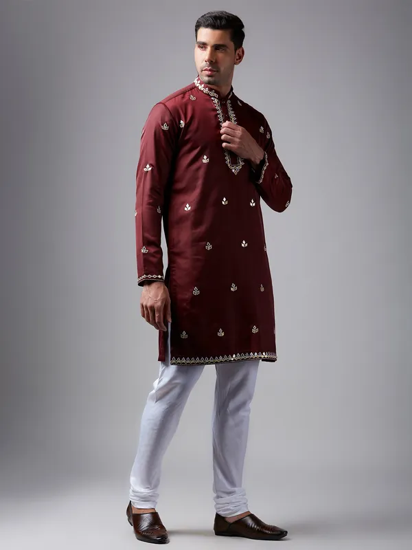Elegant maroon silk  Men Kurta pajama for festive