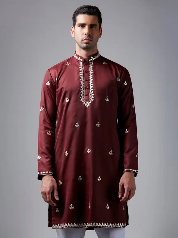 Elegant maroon silk  Men Kurta pajama for festive