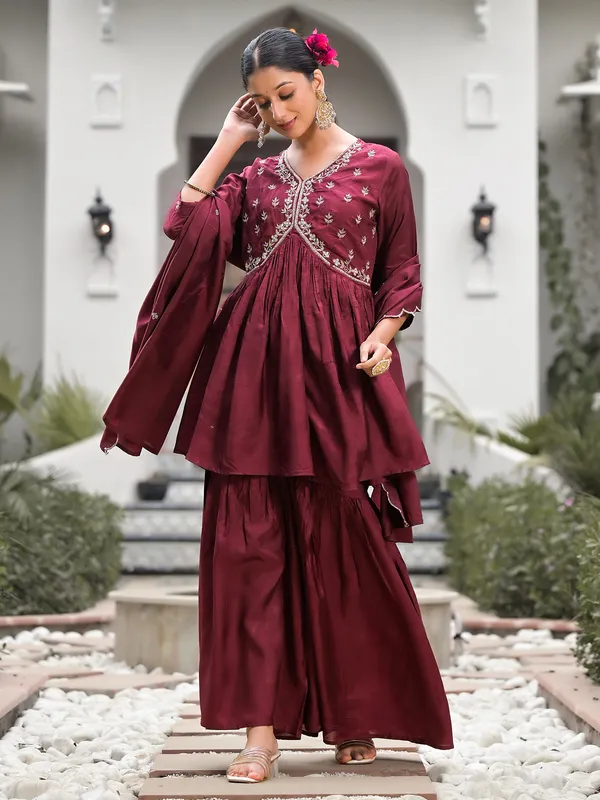 Elegant maroon silk sharara set