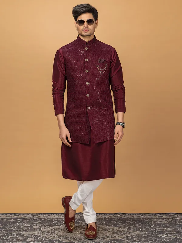Elegant maroon silk waistcoat set