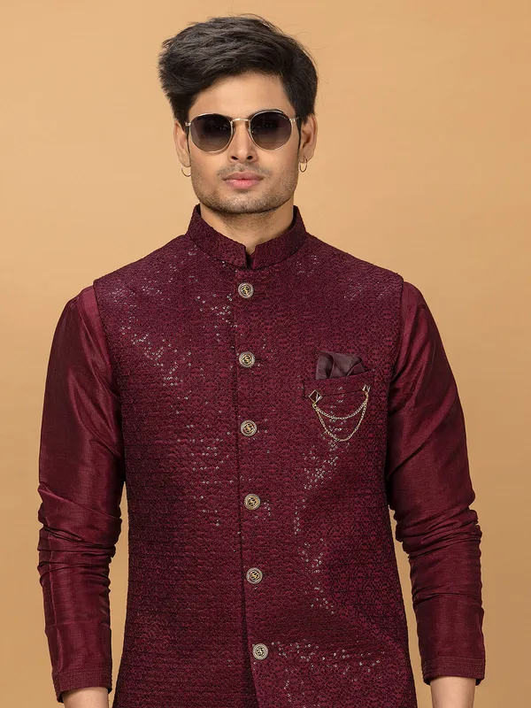 Elegant maroon silk waistcoat set