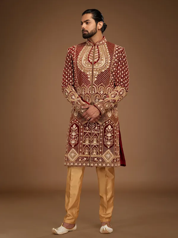 Elegant maroon velvet sherwani