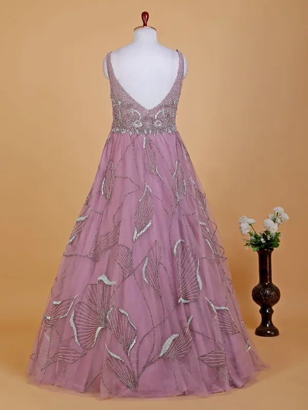 Elegant mauve purple net designer gown