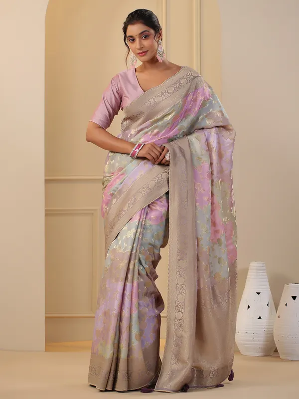Elegant multi color satin organza saree