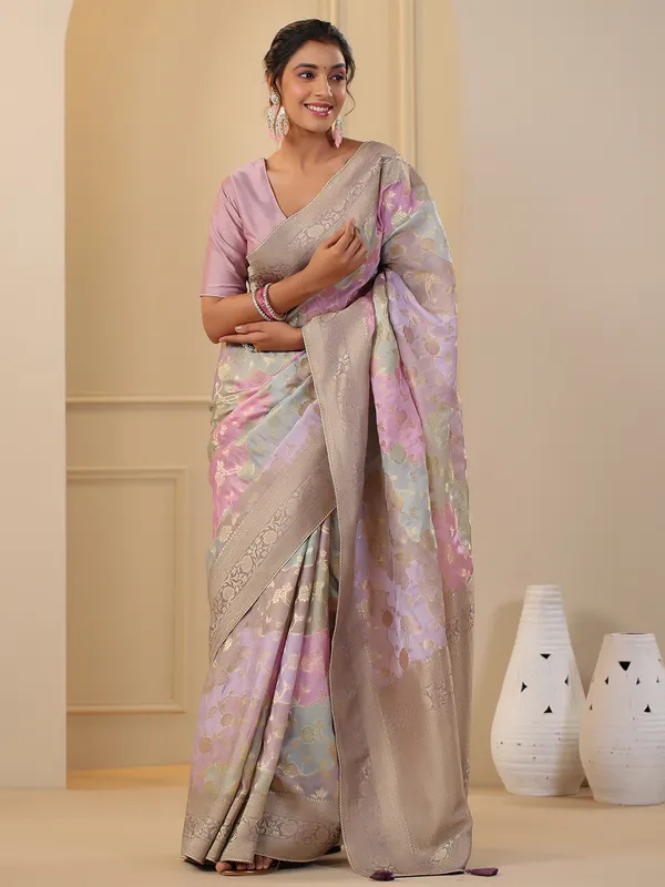 Elegant multi color satin organza saree