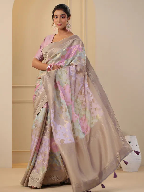 Elegant multi color satin organza saree