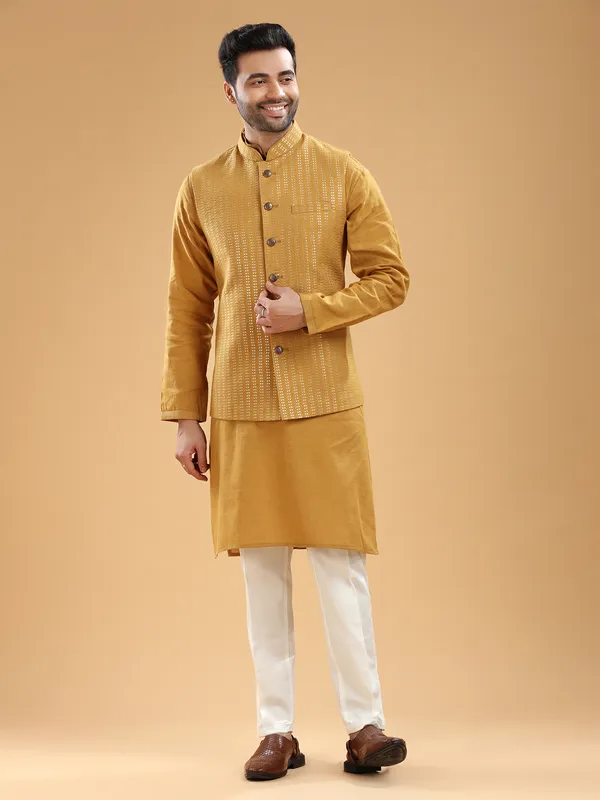 Elegant mustard yellow silk waistcoat set