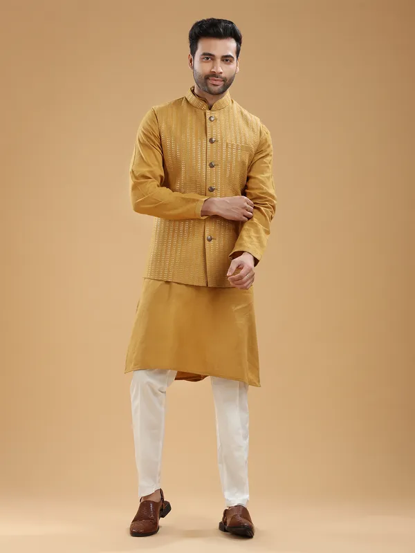 Elegant mustard yellow silk waistcoat set