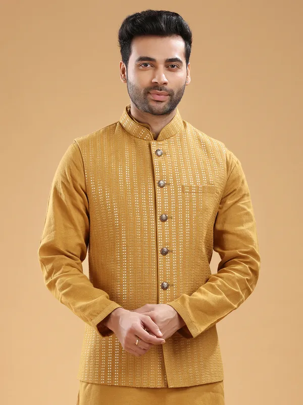 Elegant mustard yellow silk waistcoat set