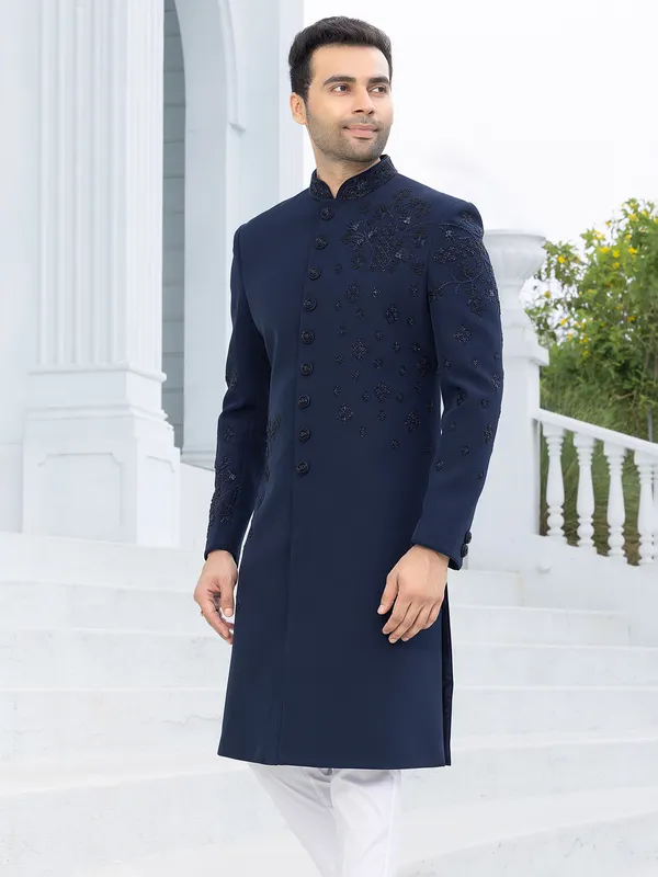 Elegant navy blue Indowestern for men