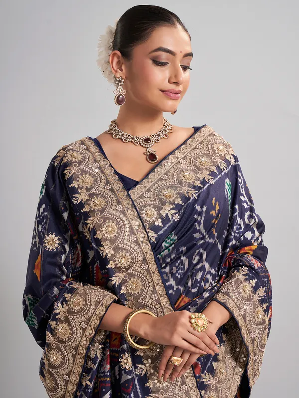 Elegant navy patola silk saree with gota and sequin accents