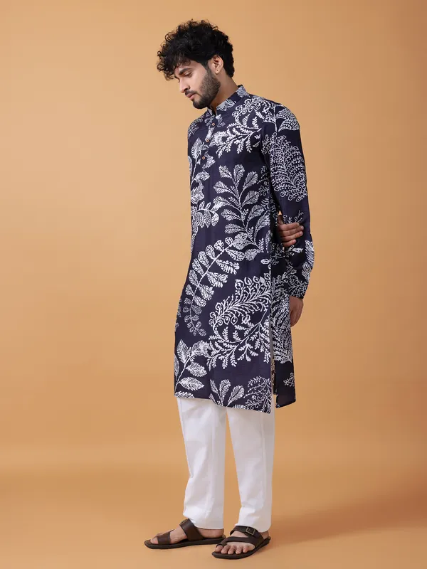 Elegant navy printed kurta suit in cotton