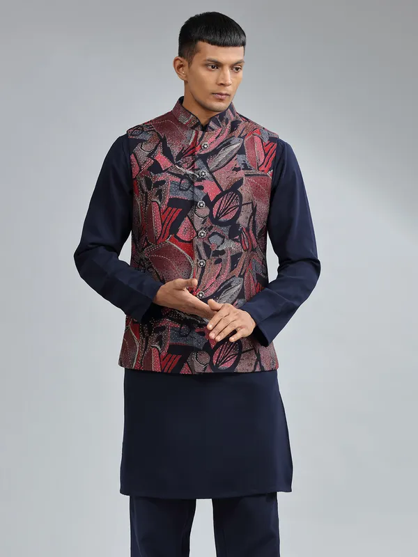 Elegant navy printed waistcoat set