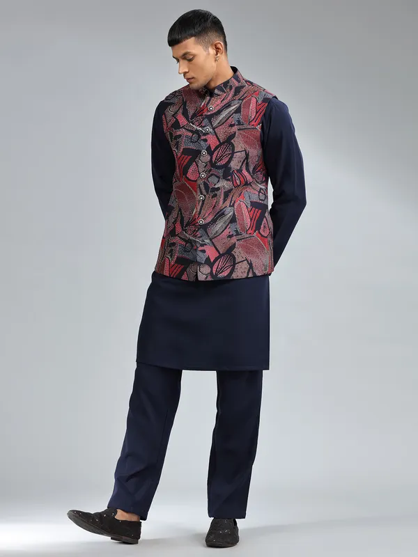 Elegant navy printed waistcoat set