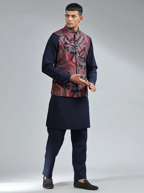 Elegant navy printed waistcoat set