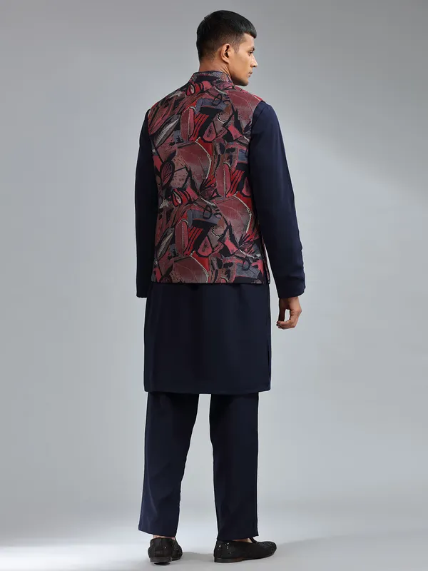 Elegant navy printed waistcoat set