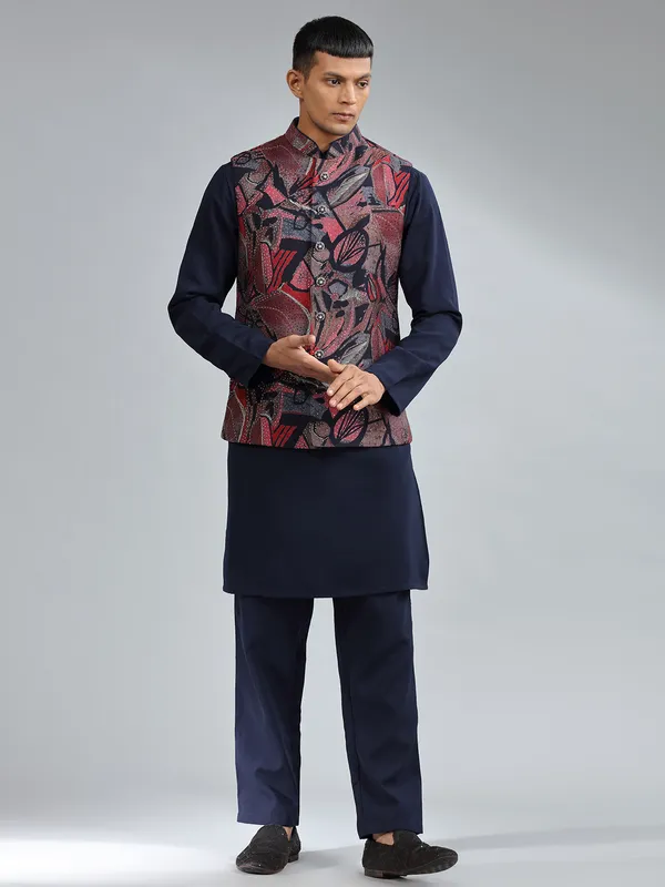 Elegant navy printed waistcoat set
