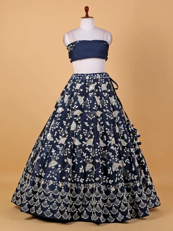 Elegant navy raw silk unstitched lehenga choli