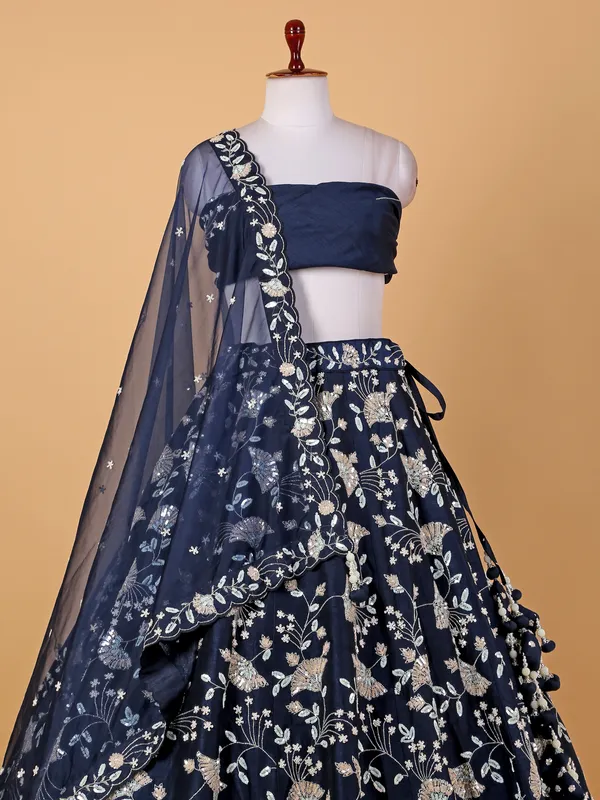 Elegant navy raw silk unstitched lehenga choli