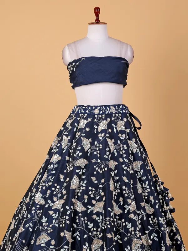 Elegant navy raw silk unstitched lehenga choli