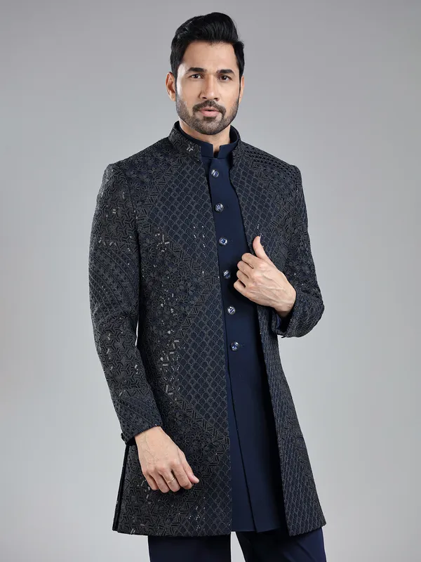 Elegant navy silk jacket style indowestern for ethnic occasions