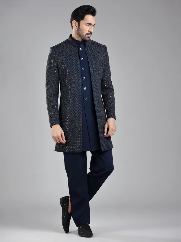 Elegant navy silk jacket style indowestern for ethnic occasions
