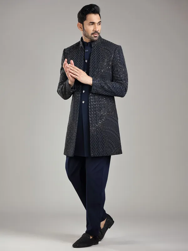 Elegant navy silk jacket style indowestern for ethnic occasions