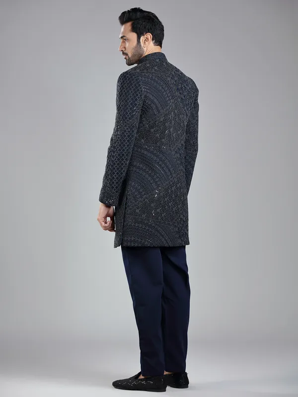 Elegant navy silk jacket style indowestern for ethnic occasions