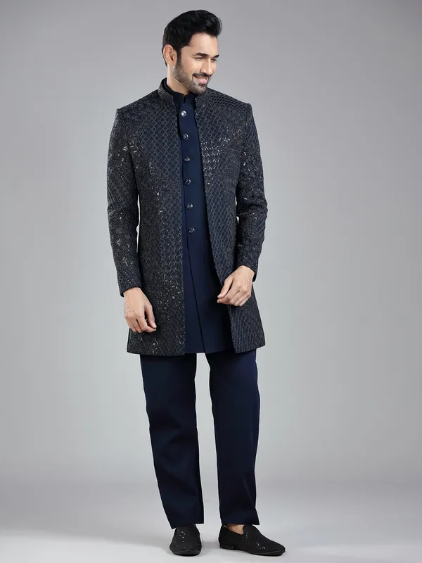 Elegant navy silk jacket style indowestern for ethnic occasions