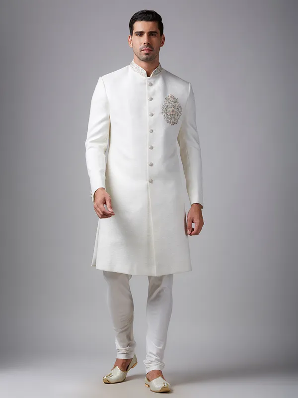 Elegant off-white raw silk indowestern