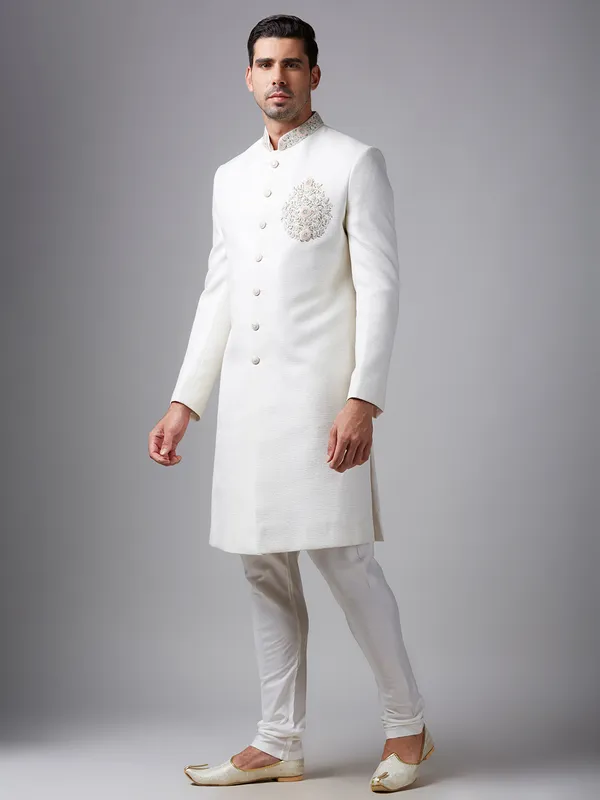 Elegant off-white raw silk indowestern